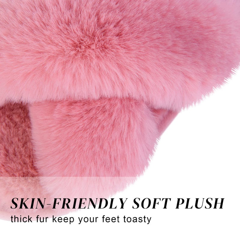 Parlovable Women's Fuzzy Slippers Comfy Cross Band House Shoes Memory Foam Open Toe Indoor Gifts for Ladies Pink 9-10 - Image 3